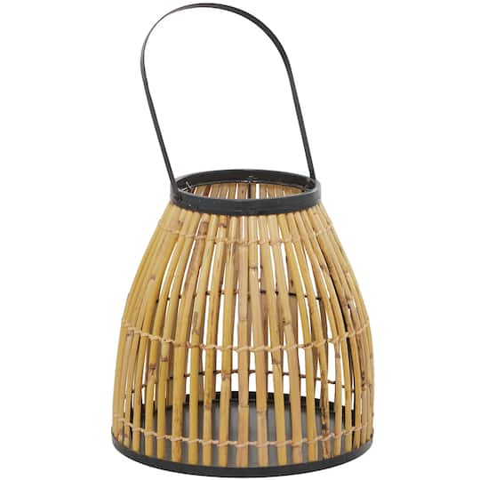 15" Brown Wicker Handmade Slatted Frame Candle Lantern with Handle